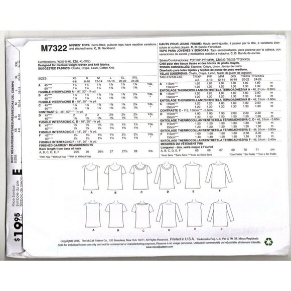 McCall's M7322 Misses L to XXL Learn to Sew Easy Tops Uncut Sewing Pattern - Picture 2 of 2